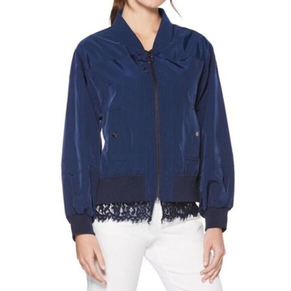Laundry by Shelli Segal New Casual Lace-Trim Bomber Jacket Midnight Blue Size 14 - Picture 1 of 7